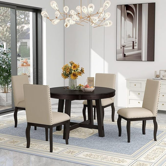 5-Piece Farmhouse Set with Wood Round Extendable Dining-Table and 4 Upholstered Chairs, for Diningroom, Living Room, and Kitchen, Espresso - LeafyLoom