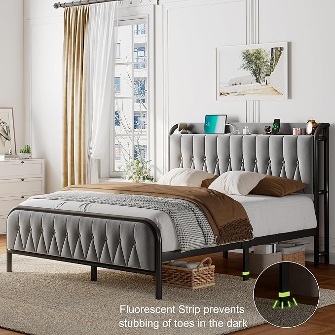 Feonase Full Size Bed Frame with Type-C & USB Port, Fast Charging Metal Platform Beds, Velvet Upholstered Headboard & Footboard, 12" Under Bed Storage Space, Easy Assembly, Noise-Free, Gray - LeafyLoom