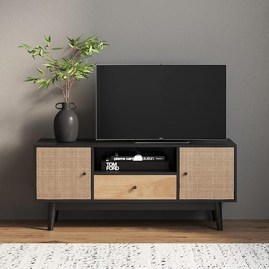 Nathan James Bonnie Modern TV Stand Entertainment Cabinet, Console with a Natural Wood Finish with Storage Doors for Living Media Room, with Drawer, Black Oak/Rattan - LeafyLoom