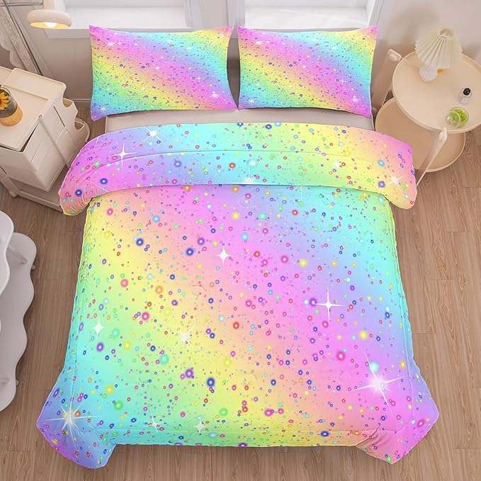 Girls Comforter Set Queen, Rainbow Bedding Set, Galaxy Twinkle Bedding for Kids Teens, Colorful Pastel Bedding Set, 5 pcs Bed in A Bag Queen, Kids Princess Bedding Set for Girls - LeafyLoom