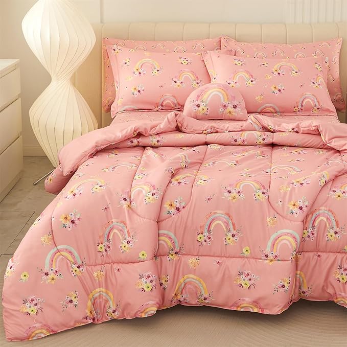 Mooreeke Twin Size Comforter Sets for Girls Kids, 6 Pieces Bed in a Bag Pink Rainbow Flowers Bedding Comforter Sheet Set with Shams and Decorative Toy Pillow, Ultral Soft Microfiber Kids Bed Set - LeafyLoom