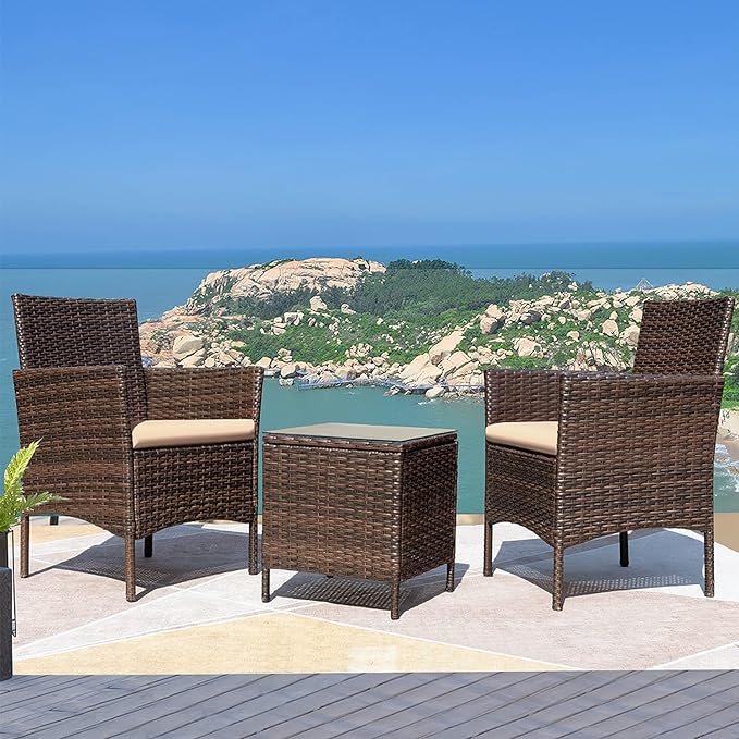 Greesum 3 Pieces Patio Furniture Sets Outdoor PE Rattan Wicker Chairs with Soft Cushion and Glass Coffee Table for Garden Backyard Porch Poolside, Brown and Beige - LeafyLoom