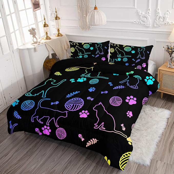 Black Cat Bedding Cartoon Cat Comforter Set Twin,Neon Cat Paw Ball of Yarn Printed Kids Bedding for Cat Lover Boys Girls Adults Room Decor,Kids Comforter,1 Quilt 2 Pillow Cases,Neon Color Purple Blue - LeafyLoom