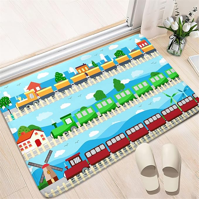 Train Rug Car Rug Play Mat Truck Rugs for Boys Room Kids Car Rug Truck Car Rug Car Carpet for Kids Kids Rugs for Playroom Car Rug for Boys Room,Light Blue 2'×3' - LeafyLoom