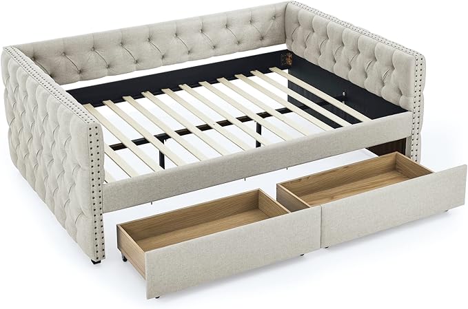 RITSU Full Size Upholstered Daybed, Pull Out with Two Storage Drawers, Solid Wood Frame Sofa Bed, Tufted Buttons and Copper Nails On Square Arms, for Bedrooms, Apartments, 82.75, Beige-2 - LeafyLoom