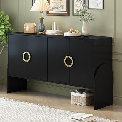 61" Storage Cabinet Sideboard with Four-Door Metal Handle & Adjustable Partitions,Wooden Console Table,w/Curved Legs and Ample Space Desktop,for Living Room,Black - LeafyLoom