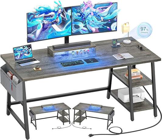 armocity Computer Desk with LED Lights, Reversible Desk with Power Outlet, 55'' Desk with Storage Shelves, Gaming Desk with Moveable Monitor Stand and Storage Bag for Home Office Workstation, Grey - LeafyLoom