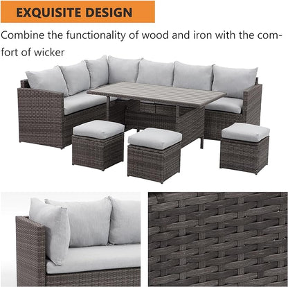 Solaste 7 Piece Patio Furniture Set, All Weather Wicker Patio Conversation Sets with Cushion Seat & Pillows, Outdoor Dining Set, Patio Furniture Outdoor Sectional, Grey - LeafyLoom