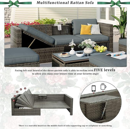 5 Pieces Patio Furniture Sets All Weather Wicker Rattan Sectional Sofa Outdoor Conversation with Adustable Backrest, Cushions, Ottomans and Lift Top Coffee Table for Poolside, Garden, Backyard - LeafyLoom