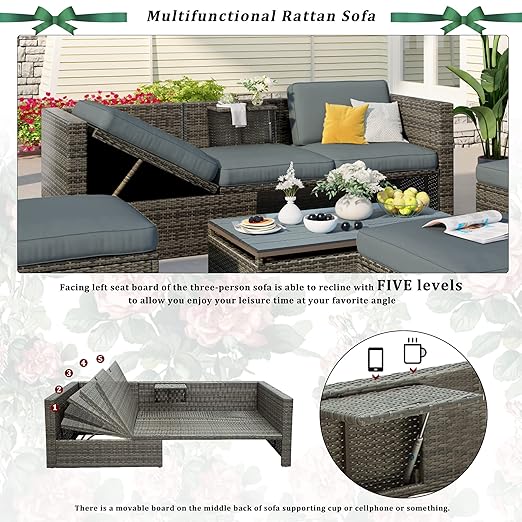 5 Pieces Outdoor Patio Sectional Sofa Couch, PE Wicker Furniture Conversation Sets with Adustable Backrest & Washable Cushions & Ottomans & Glass Coffee Table for Garden, Poolside, Backyard - LeafyLoom