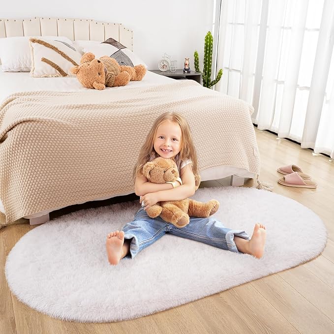 Merelax Soft Shaggy Rug for Kids Bedroom, Oval 2.6'x5.3' Cream Plush Fluffy Carpets for Living Room, Furry Carpet for Teen Girls Room, Anti-skid Fuzzy Comfy Rug for Nursery Decor Cute Baby Play Mat - LeafyLoom