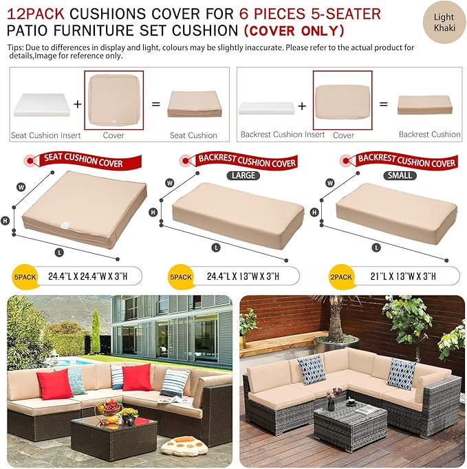 ClawsCover 12Pack Outdoor Seat and Back Cushions Replacement Covers Fit for 6Pieces 5-Seater Wicker Rattan Patio Furniture Conversation Set Sectional Couch Chairs,Light Khaki-Include Cover Only - LeafyLoom