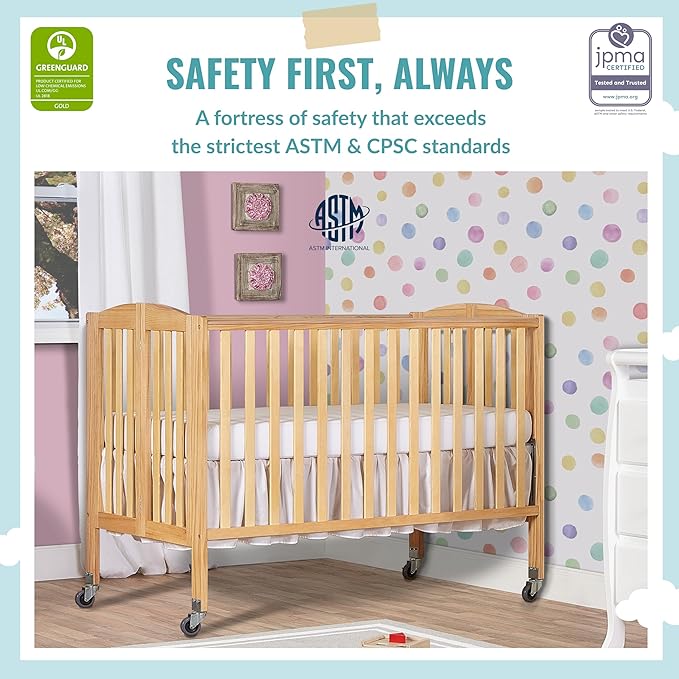 Folding Full Size Convenience Crib In Natural, Two Adjustable Mattress Height Positions, Comes With Heavy Duty Locking Wheels, Flat Folding - LeafyLoom