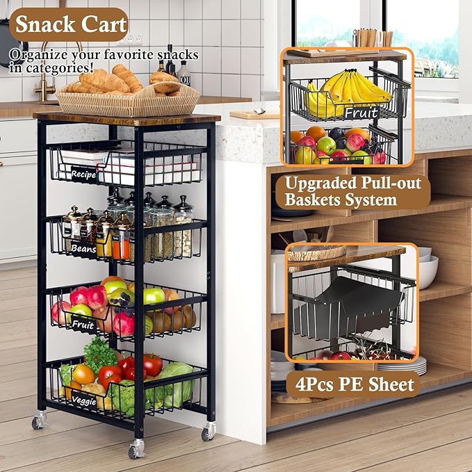 Fruit Basket, 5-Tier Utility Kitchen Organizer and Storage Cart with Pull-Out Baskets and Wood Top, Rolling Pantry Kitchen Cart on Wheels for Fruit Potato Onion Vegetable Snack Produce - LeafyLoom