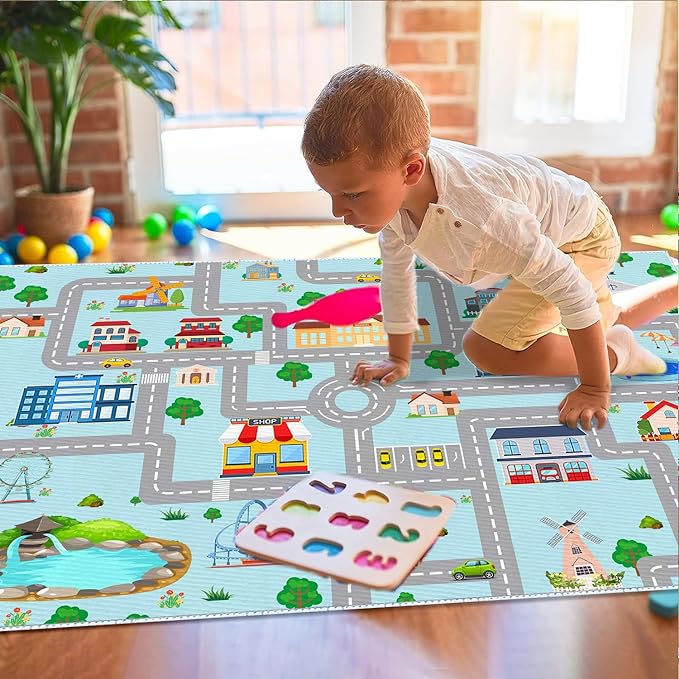 Kids Car Rug,4x6 City Life Traffic Road Playmat for Toy Cars Trains, Non-Slip Race Track Carpet Educational Fun Area Rugs for Boy and Girl Bedroom Nursery - LeafyLoom