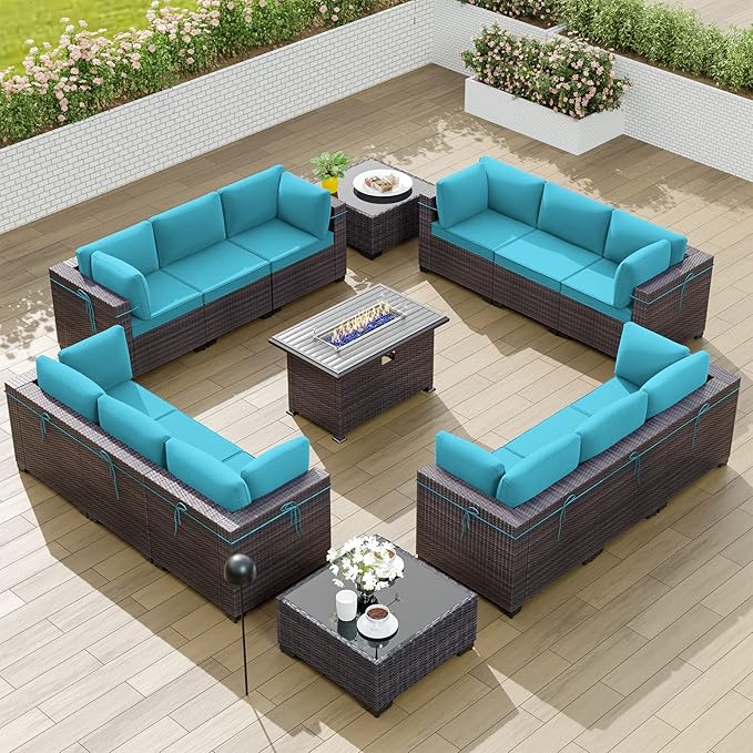 Kullavik 15PCS Outdoor Patio Furniture Set with 43" 55000BTU Gas Propane Fire Pit Table PE Wicker Rattan Sectional Sofa Patio Conversation Sets w/8 Coner Sofas,Blue - LeafyLoom