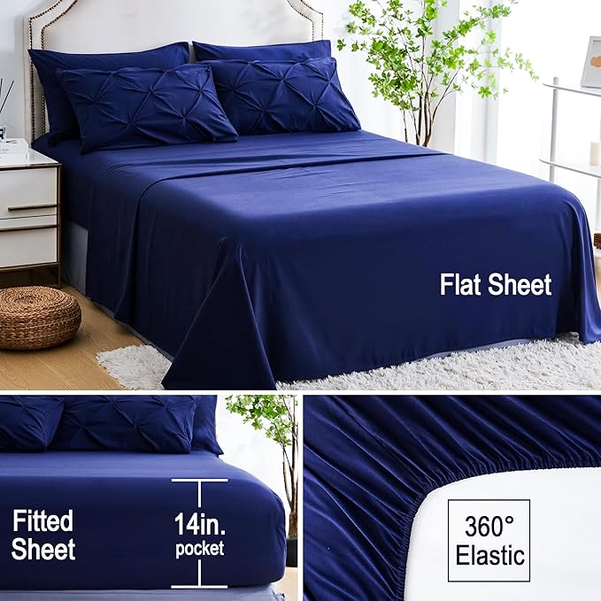 Ubauba 7pc Dark Blue King Comforter Set with Sheets, 7 Piece Pinch Pleating Bed in a Bag Royal Blue Bedding Comforters & Sets, Soft Fluffy Pintuck Bed Set (Navy,King) - LeafyLoom