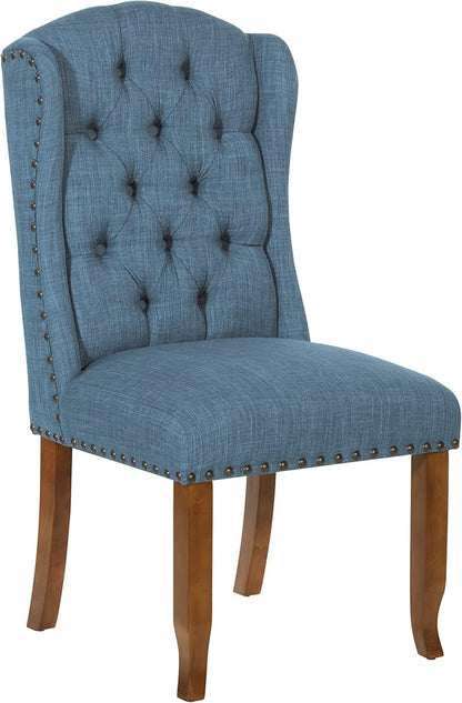 OSP Home Furnishings Jessica Button Tufted Wingback Upholstered Dining Chair with Wood Legs, Navy Blue Fabric - LeafyLoom