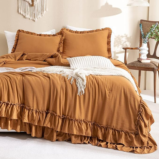 Pumpkin Farmhouse King Size Comforter Set,Shabby Boho Chic Bedding Ruffled King Bed Comforter Vintage Rustic Burnt Orange Bedding Sets 3 Pieces (1 Ruffle Comforter and 2 Pillowcases) - LeafyLoom