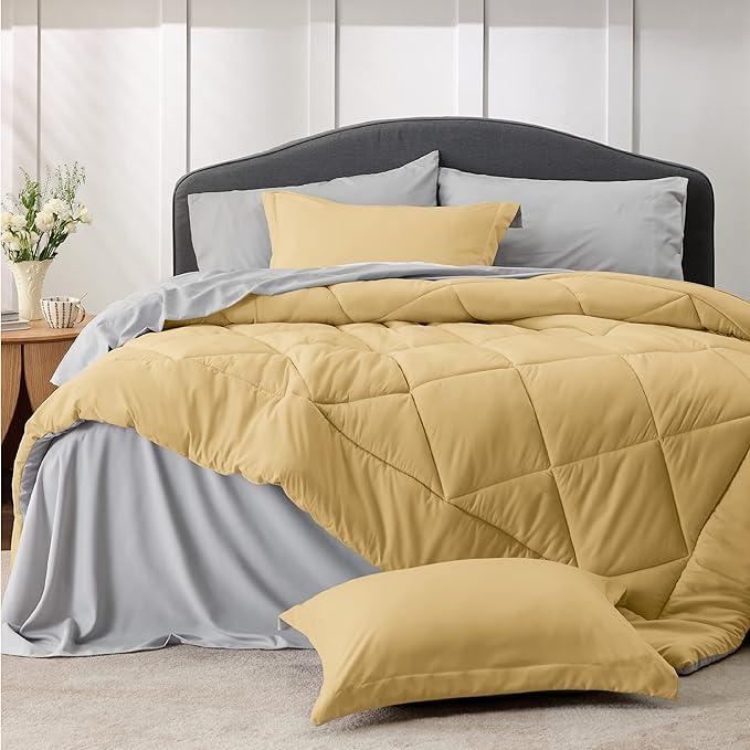 Bedsure Yellow Twin XL Comforter Set - 5 Pieces Reversible Twin XL Bed in a Bag Twin XL Bed Set with Comforters, Sheets, Pillowcase & Sham, Twin XL Bedding Sets - LeafyLoom