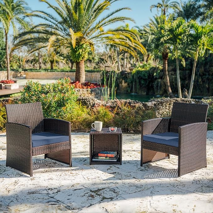 Nestl Wicker Outdoor Furniture Set - 3 Piece Patio Bistro Set (Brown/Navy) - LeafyLoom