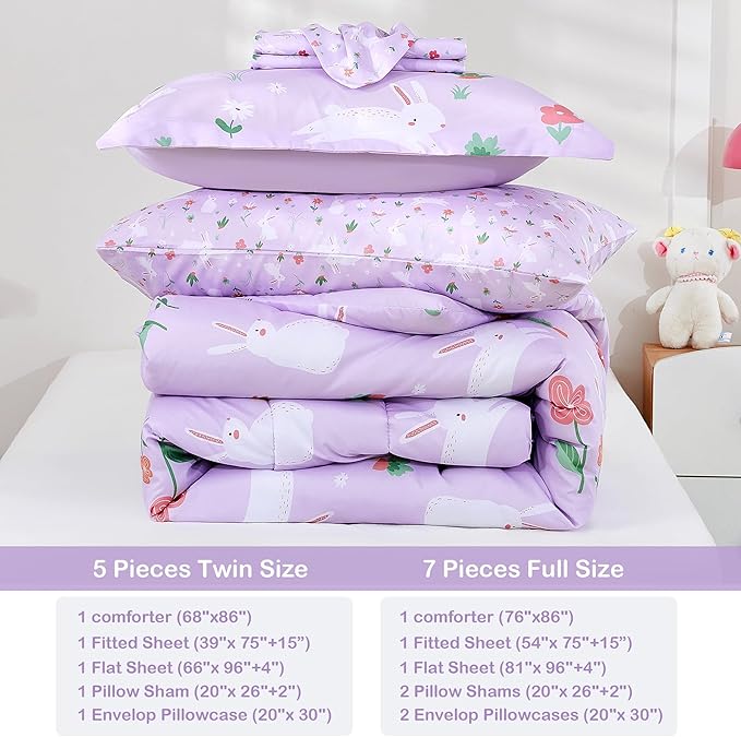 Mooreeke Bed in a Bag for Kids Girls Teens, 7 Pieces Full Size Comforter Bed Set with Shams, Sheet Set, Rabbit Purple Super Soft Microfiber Kids Comforter Bedding Set - LeafyLoom