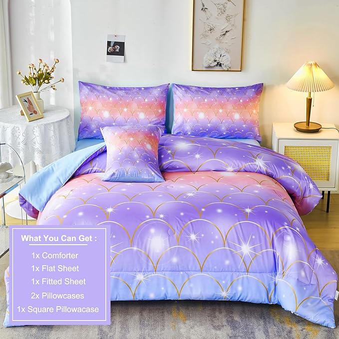 PERFEMET Purple Mermaid Twin Comforter Set for Girls, 6 Pieces Colorful Rainbow Twin Bedding Sets, Tie Dye Ombre Glitter Bed in A Bag Comforter Set with Sheets - LeafyLoom