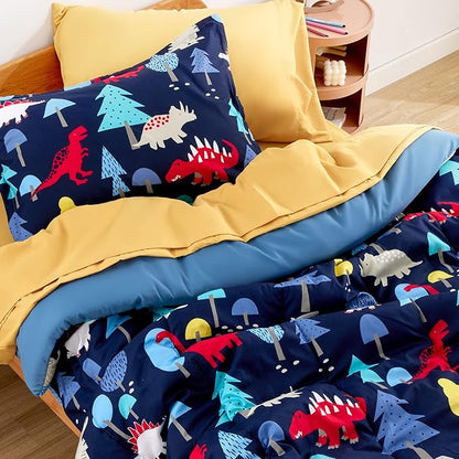 SLEEP ZONE Kids Bedding Comforter Set Full/Queen Size - Super Cute & Soft Kids Bedding 7 Pieces Set with Comforter, Sheet, Pillowcase & Sham (Dinosaur Land) - LeafyLoom