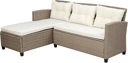 4 Piece Outdoor Patio Furniture Set, Sectional Conversation All-Weather Grey PE Wicker w/Seat Cushions for Backyard Porch Garden Poolside Balcony, Onesize, Ob-Beige - LeafyLoom