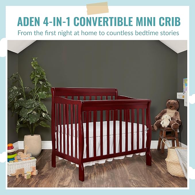 Aden 4-in-1 Convertible Mini Crib In Cherry, Greenguard Gold Certified, Non-Toxic Finish, New Zealand Pinewood, With 3 Mattress Height Settings - LeafyLoom