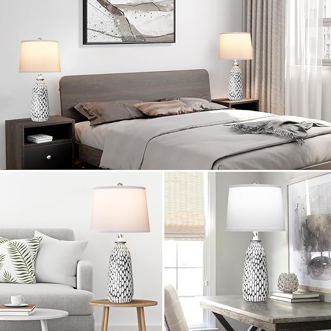 QiMH Modern Coastal Table Lamps for Bedroom Set of 2, Bedside Lamp with White Shade, Gray White Resin Nightstand Lamp for Living Room Home Lighting Decor,3-Color Temperature LED Bulbs Included - LeafyLoom