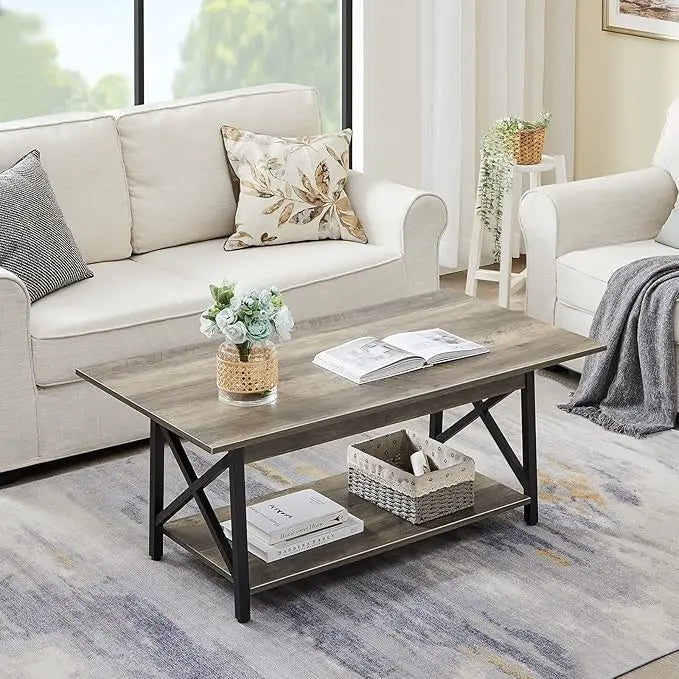 GreenForest Coffee Table Large 43.3 x 23.6 inch Rustic Farmhouse with Storage Shelf for Living Room, Easy Assembly, Grey WASH - LeafyLoom