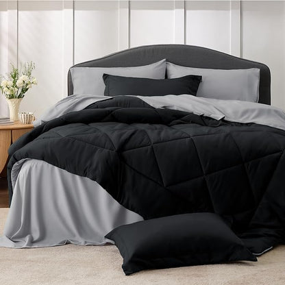 Bedsure Black Full Size Comforter Sets - 7 Pieces Reversible Comforter Set Full Bed in a Bag with Comforters, Sheets, Pillowcases & Shams, Full Bedding Sets - LeafyLoom