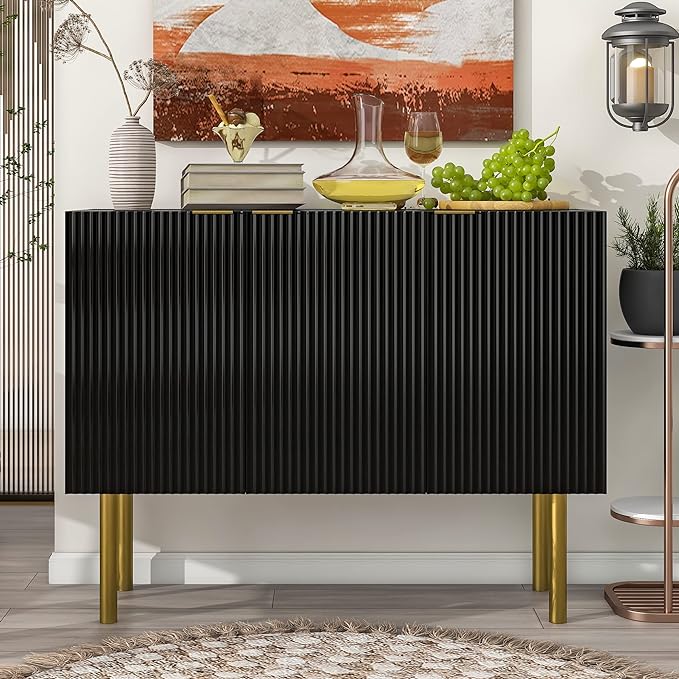 Modern Simple Sideboard with Particle Board & MDF,Luxury Style Buffet Cabinet,W/Gold Metal Legs and Handles,Adjustable Shelves,for Kitchen,Dining Room,Black, 47.2" - LeafyLoom