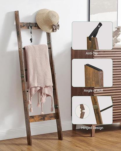 Blanket Ladder Shelf for Living Room, Decorative Wood Quilt Rack with 4 Removable Hooks, 5-Tier Farmhouse Ladder Holder Organizer for Bedroom, Rustic Brown 02101BBR - LeafyLoom