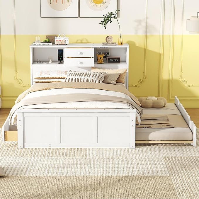 Full Size Wood Pltaform Trundle and 3 Drawers/Upper Shelves,Multifunctional Storage Bed Frame,W/a Set of USB Ports & Sockets,for Apartment,Bedroom,Living Room,White - LeafyLoom