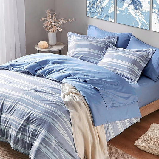 Queen Size Comforter Sets with Sheets, Modern Blue and White Striped Bed in a Bag, 7-Piece Complete Bedding Set Including Reversible Comforter, 2 Sheets, Pillowcases & Shams - LeafyLoom