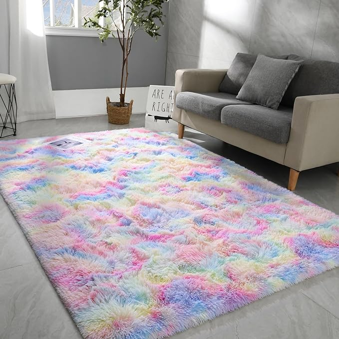 6x9 Large Area Rugs for Living Room, Super Soft Fluffy Modern Bedroom Rug, Tie-Dyed Rainbow Indoor Shag Fuzzy Carpets for Girls Kids Nursery Room Home Decor - LeafyLoom