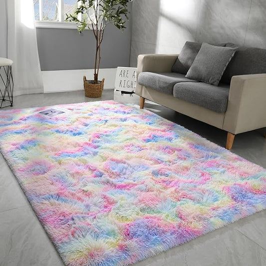 5x8 Large Area Rugs for Living Room, Super Soft Fluffy Modern Bedroom Rug, Tie-Dyed Rainbow Indoor Shag Fuzzy Carpets for Girls Kids Nursery Room Home Decor - LeafyLoom