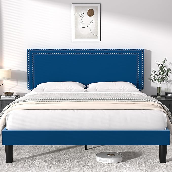 VECELO Full Size Platform Bed Frame with Height Adjustable Upholstered Headboard, Modern Mattress Foundation,Strong Wood Slat Support, No Box Spring Needed, Easy Assembly - LeafyLoom