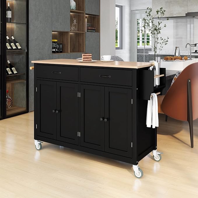 Solid Wood Top, Mobile Carts with Storage Cabinet, Rolling Kitchen Table w/Spice, Towel Rack, and Drawer, Portable Islands on Wheels, Black, 54.33 Inch - LeafyLoom