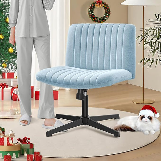 Armless Office Chair no Wheels, Ergonomic Wide Seat Swivel Desk Chair, Height Adjustable Cross Legged Comfortable Computer Chair for Living Room, Vanity Accent Chair LightBlue - LeafyLoom