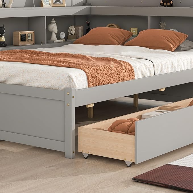 Full Size Platform Bed with L-Shaped Bookcase and 2 Storage Drawers, Wood Daybed frames with Headboard, Gray - LeafyLoom