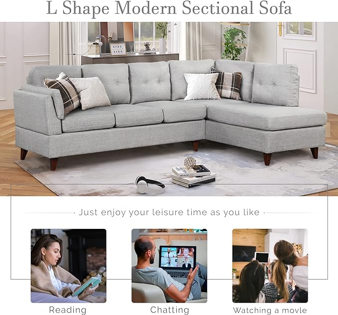 Modern Linen Fabric Sofa with Chaise Lounge, L-Shape Couch with one Lumbar Pad, Comfy Button Tufted Backrest, 4 Seat Corner Sectional Set for Living Room Furniture Office, 97.2", Grey-L - LeafyLoom