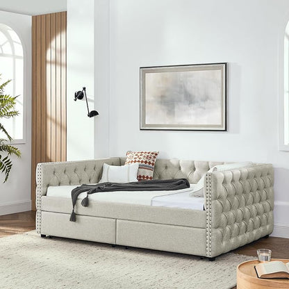 RITSU Full Size Upholstered Daybed, Pull Out with Two Storage Drawers, Solid Wood Frame Sofa Bed, Tufted Buttons and Copper Nails On Square Arms, for Bedrooms, Apartments, 82.75, Beige-2 - LeafyLoom