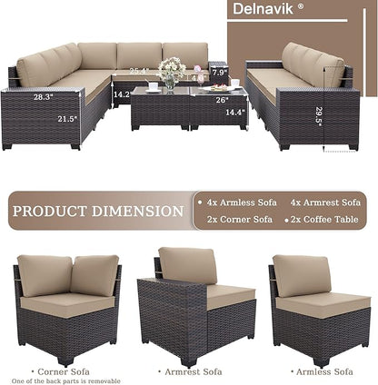 Patio Furniture Set Sofa 12-Pieces Wicker Sectional Sofa Set, Outdoor Furniture Rattan Patio Conversation Set with Thickened Cushions and Glass Coffee Table, Sand - LeafyLoom