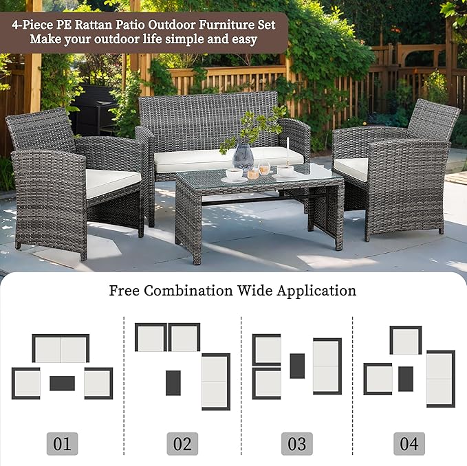 Shintenchi 4-Piece Patio Furniture Set, Outdoor Wicker Patio Conversation Furniture Set with Cushions and Tempered Glass Tabletop for Lawn Backyard Pool Garden,Beige - LeafyLoom