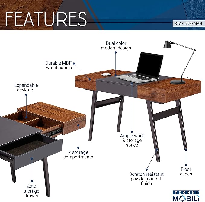 Techni Mobili Expandable Modern Storage Writing Desk, Mahogany - LeafyLoom