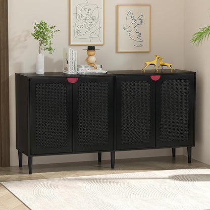 Anmytek Rattan Sideboard Buffet Cabinet with 4 Doors, Large Kitchen Storage Cabinet Black Sideboard with Adjustable Shelf Credenzas for Kitchen Living Room Hallway H0108 - LeafyLoom