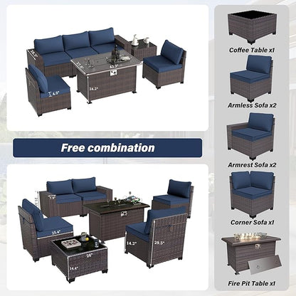 Patio Furniture Sectional Sofa Set 7-Pieces PE Rattan Patio Conversation Set w/43in Gas Fire Pit Table, Outdoor Furniture with 55000 BTU Propane Fire Pit, Navy Blue - LeafyLoom